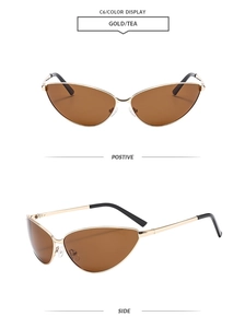 Front and side view of retro cat-eye sunglasses with gold metal frame and tea lenses
