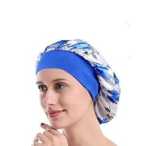 Bonnet de nuit en satin pour femme avec imprimé floral et large bande élastique bleue