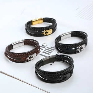 Men's braided leather owl bracelets with magnetic clasps in four assorted colors