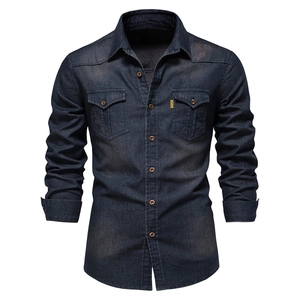 Men Long Sleeve Denim Shirt Cotton Casual Slim Fit Solid Color Workwear Style Turn Down Collar Button Up With Pockets