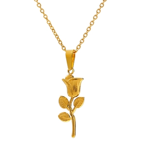 Macro shot of a 18k gold plated stainless steel rose flower pendant with a delicate chain