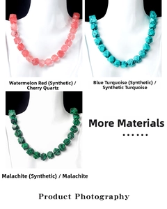 Detail of faceted natural stone necklaces in pink, blue turquoise, and green malachite