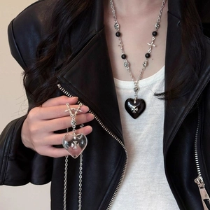 Gothic Heart Cross Pendant Necklace With Stone Beads Alloy Retro Punk Style Fashion Jewelry For Women