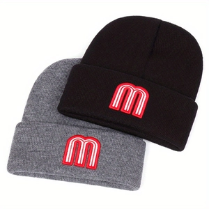 Set of black and grey ribbed knit beanies featuring red and white letter m embroidery