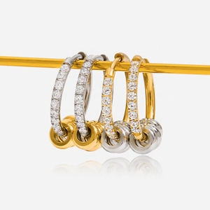 18K Gold Plated Stainless Steel Hoop Earrings With Cubic Zirconia And Mixed Color Gold Silver Pendant Waterproof For Women