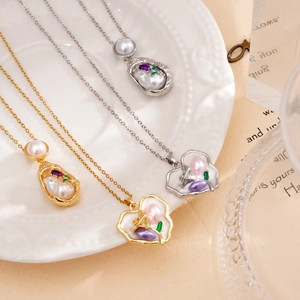 Heart Rose Pendant Necklace 18K Gold Plated Copper Enamel Artificial Baroque Pearl Gemstone French Vintage Jewelry For Women