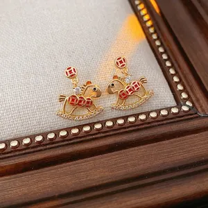 Elegant Rocking Horse Stud Earrings With Silver Earring Post Copper Gold Plated Zirconia Red Enamel Animal Jewelry Women
