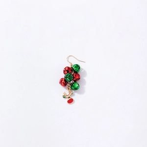 Detail of Christmas earrings featuring red green bells and a golden reindeer charm