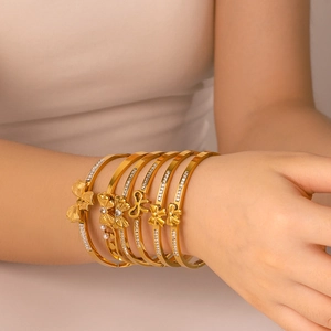 18K gold plated bowknot and flower bangle set with zircon accents for women