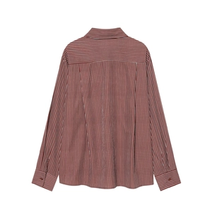 Brown long-sleeve striped silk shirt for women with contrast vertical and horizontal lines