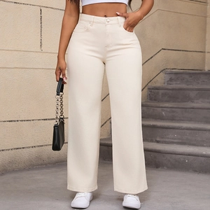 Jean Femme Taille Haute Jambe Large En Mélange De Coton Blanc Cassé Broderie Étoile Bleue Pantalon Droit Extensible