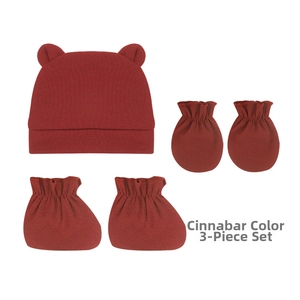 Détails du pack bonnet, moufles et chaussons pour nouveau-né en coton rouge bordeaux