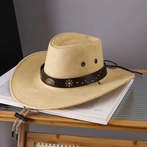Western cowboy style camel suede sun hat with decorative floral metal buckle and chin strap