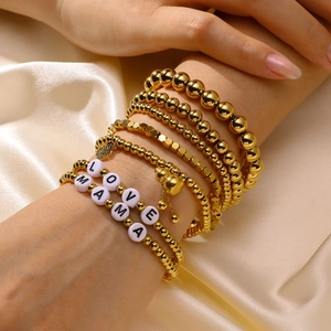 Adjustable 18K gold stainless steel beaded bracelet set with LOVE and MAMA charms