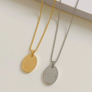 Good Luck Oval Pendant Necklace Stainless Steel Minimalist Geometric Ball Chain Jewelry For Women