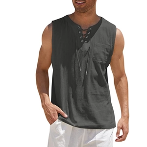 Detail of men's dark grey linen tank top featuring lace-up V-neck and chest pocket texture