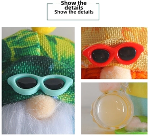 Detail of knitted gnome plush hats with sunglasses and textured white beard features