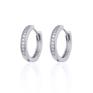 Detail view of silver hoop earrings with dual rows of sparkling white cubic zirconia