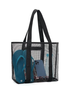 Large capacity black mesh beach bag showing spacious interior with sandals and phone