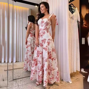 Summer sleeveless floral maxi dress in white with red roses and shoulder bow ties