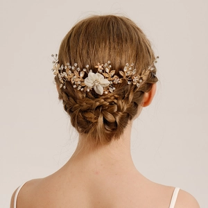 Bridal Hair Comb Handmade Fabric Flower Imitation Artificial Pearl Rhinestone Wedding Banquet Forest Style Elegant Gold Tone