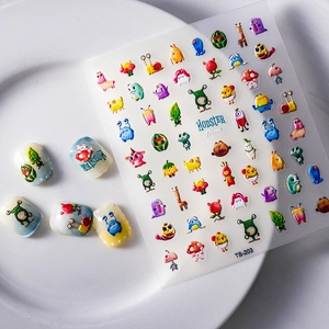 Detailed view of TS-203 cute cartoon monster 5D embossed nail art stickers on display