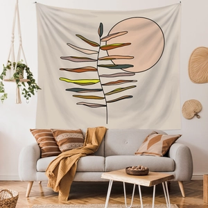 Minimalist Nordic tapestry with abstract leaves and sunrise for living room wall decor