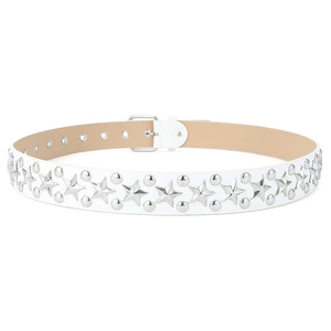 White faux leather belt with silver star studs and D-ring buckle for women