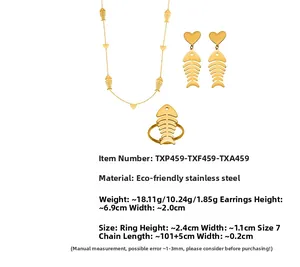 Detailed technical specs for 18k gold plated fishbone and heart jewelry set dimensions
