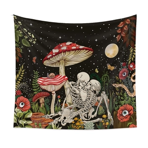 Gothic mystic mushroom tapestry with skeleton lovers and moonlit starry sky design