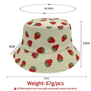 Double-sided strawberry print bucket hat with dimensions 56-58cm for sun protection