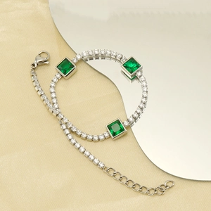 Elegant titanium steel tennis bracelet with square emeralds and white cubic zirconia crystals