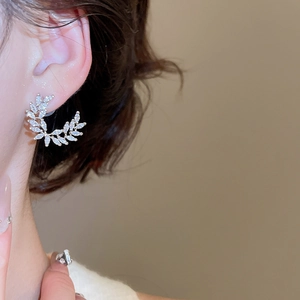 Dettaglio di eleganti orecchini a foglia d'argento con zirconi lucidi sull'orecchio