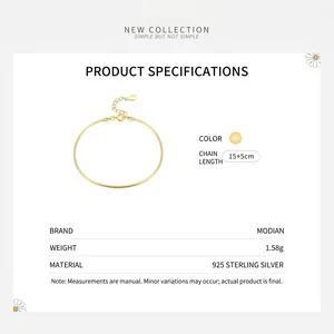 Minimalist 925 sterling silver snake chain bracelet in gold finish with 15+5cm length