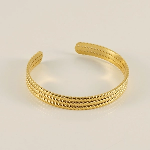 Vintage gold adjustable stainless steel C-shaped cuff bracelet with triple twist texture