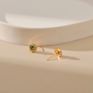 Elegant 18K gold plated halo stud earrings featuring green emerald zircon and crystal border