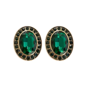 Boucles d'oreilles ovales vert émeraude vintage français avec détails en diamant