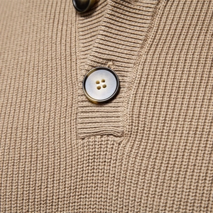 Men's khaki stand collar business knit sweater with high-quality buttons and fine texture
