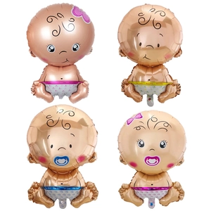 Foil baby shower balloons in pink and blue featuring boy and girl infant shapes