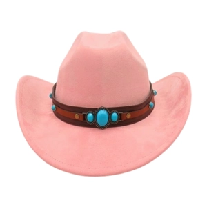 Pink western cowboy hat with brown leather band and turquoise bead detail close-up