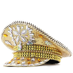 Luxury Gold Sequin Captain Hat Rhinestone Military Sergeant Hat With Spikes For Music Festival Party Stage Performance