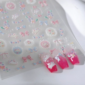 3D bow and rabbit nail art stickers set with pink gradient nails display TL-268