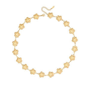 Golden flower link chain necklace with hammered texture and adjustable lobster clasp closure