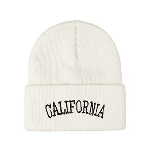 White knit beanie with black California embroidery on a minimalist style for unisex