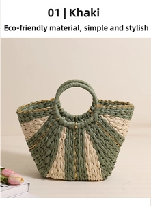 Detail of green and beige striped straw tote bag with gold thread and round handle
