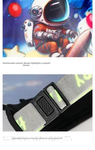 Detail of adjustable elastic strap with buckle and astronaut print on kids sun visor