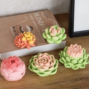 Five assorted succulent candles with realistic textures on a rustic wooden desk