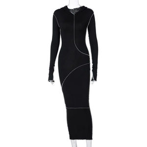 Close-up of slim fit hooded maxi dress featuring contrast white topstitching details