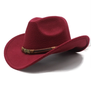 Classic burgundy wool felt western cowboy hat with brown braided leather band and buckles