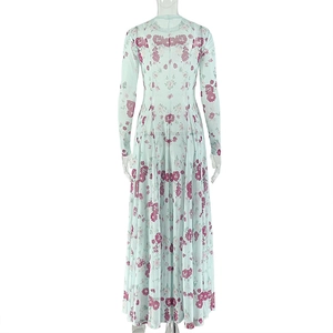 Detail view of the back on long sleeve mint green dress with burgundy floral patterns